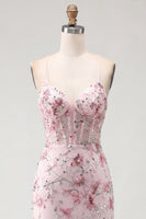 Load image into Gallery viewer, Sparkly Pink Floral Tight Corset Short Beaded Spaghetti Straps Prom Dress