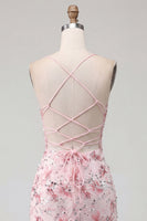 Load image into Gallery viewer, Sparkly Pink Floral Tight Corset Short Beaded Spaghetti Straps Prom Dress