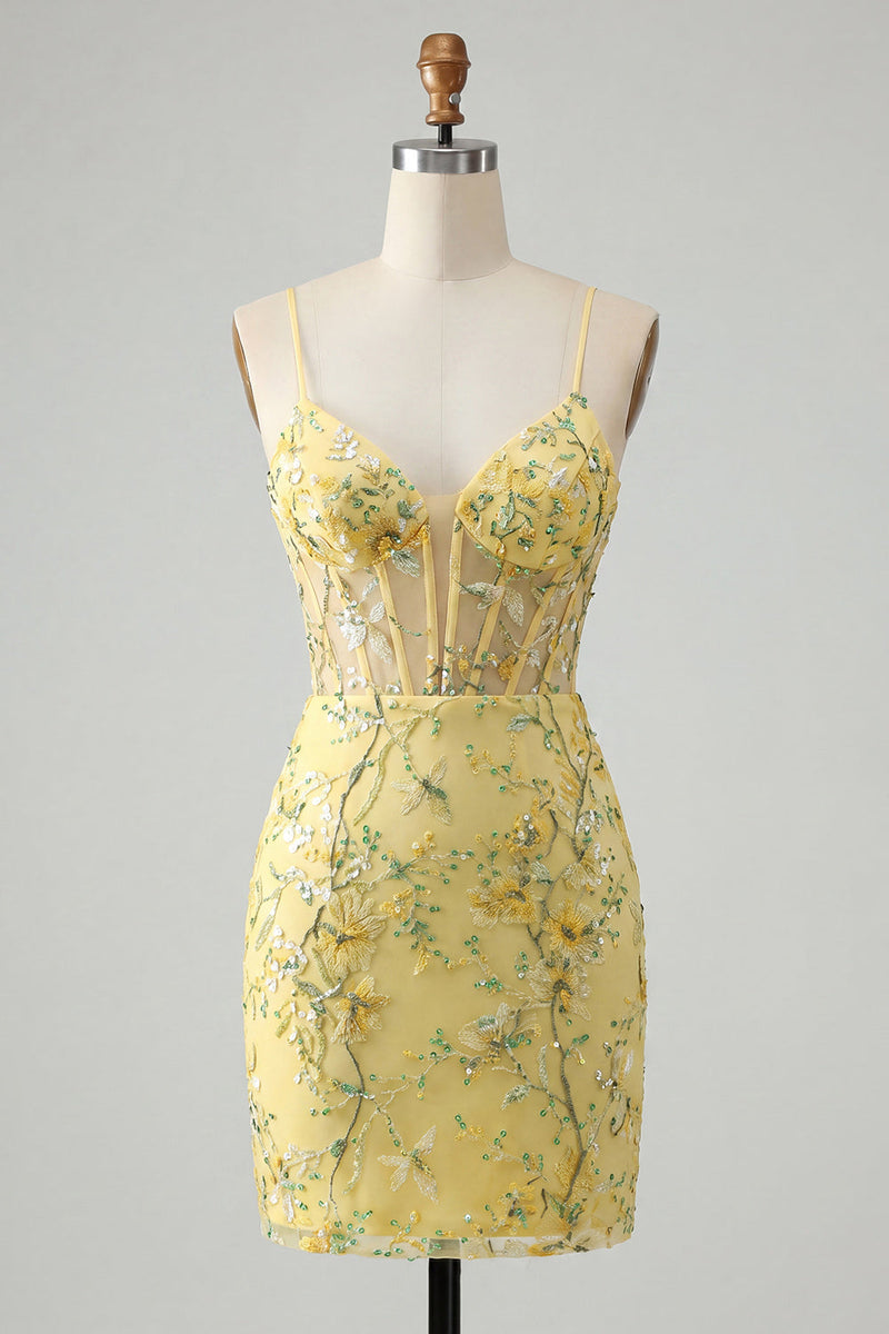 Load image into Gallery viewer, Sparkly Pink Floral Tight Corset Short Beaded Spaghetti Straps Prom Dress