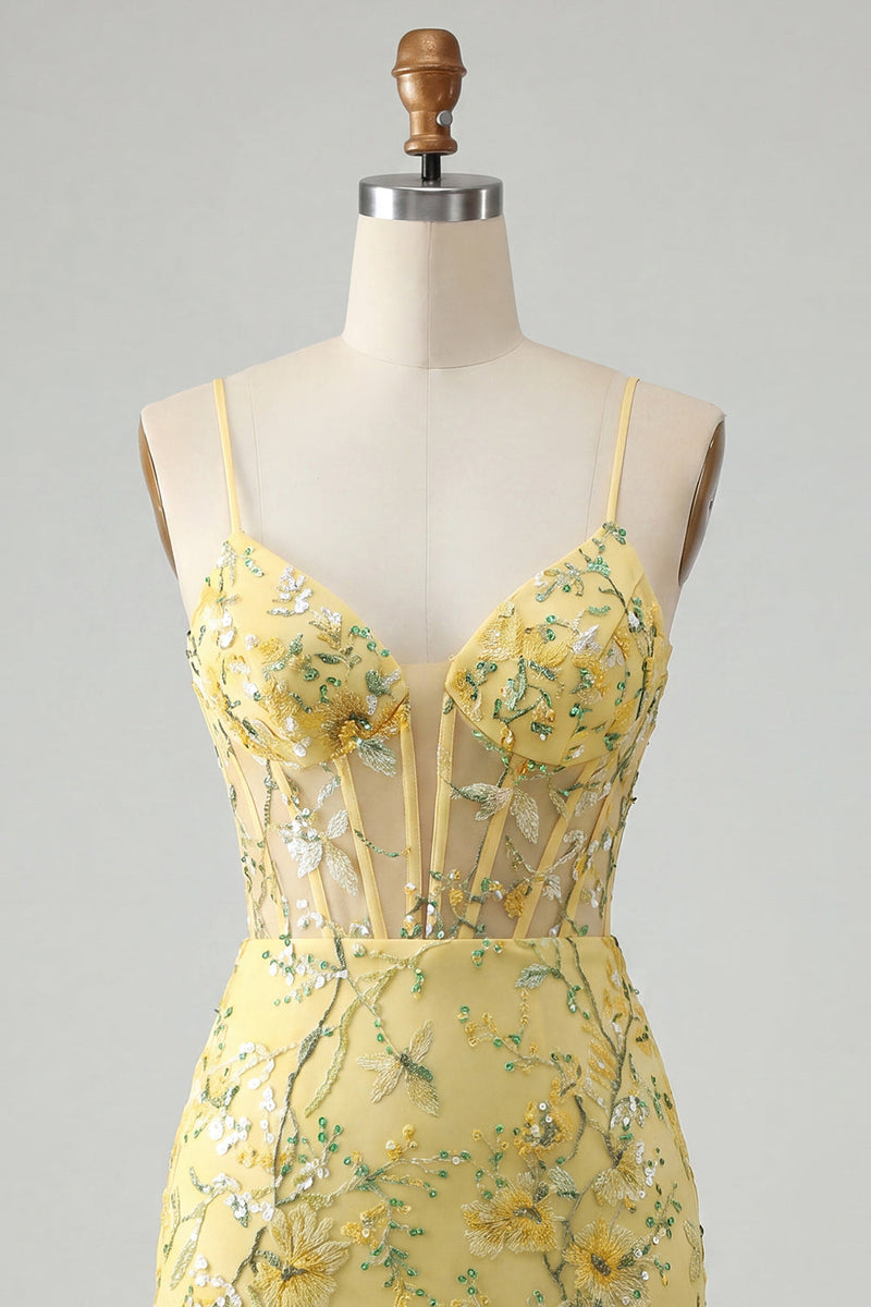 Load image into Gallery viewer, Sparkly Pink Floral Tight Corset Short Beaded Spaghetti Straps Prom Dress