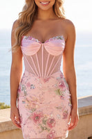 Load image into Gallery viewer, Strapless Sparkly Beaded Floral Corset Tight Short Pink Prom Dress