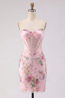 Load image into Gallery viewer, Strapless Sparkly Beaded Floral Corset Tight Short Pink Prom Dress