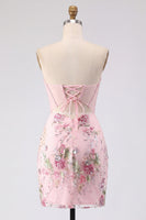 Load image into Gallery viewer, Strapless Sparkly Beaded Floral Corset Tight Short Pink Prom Dress