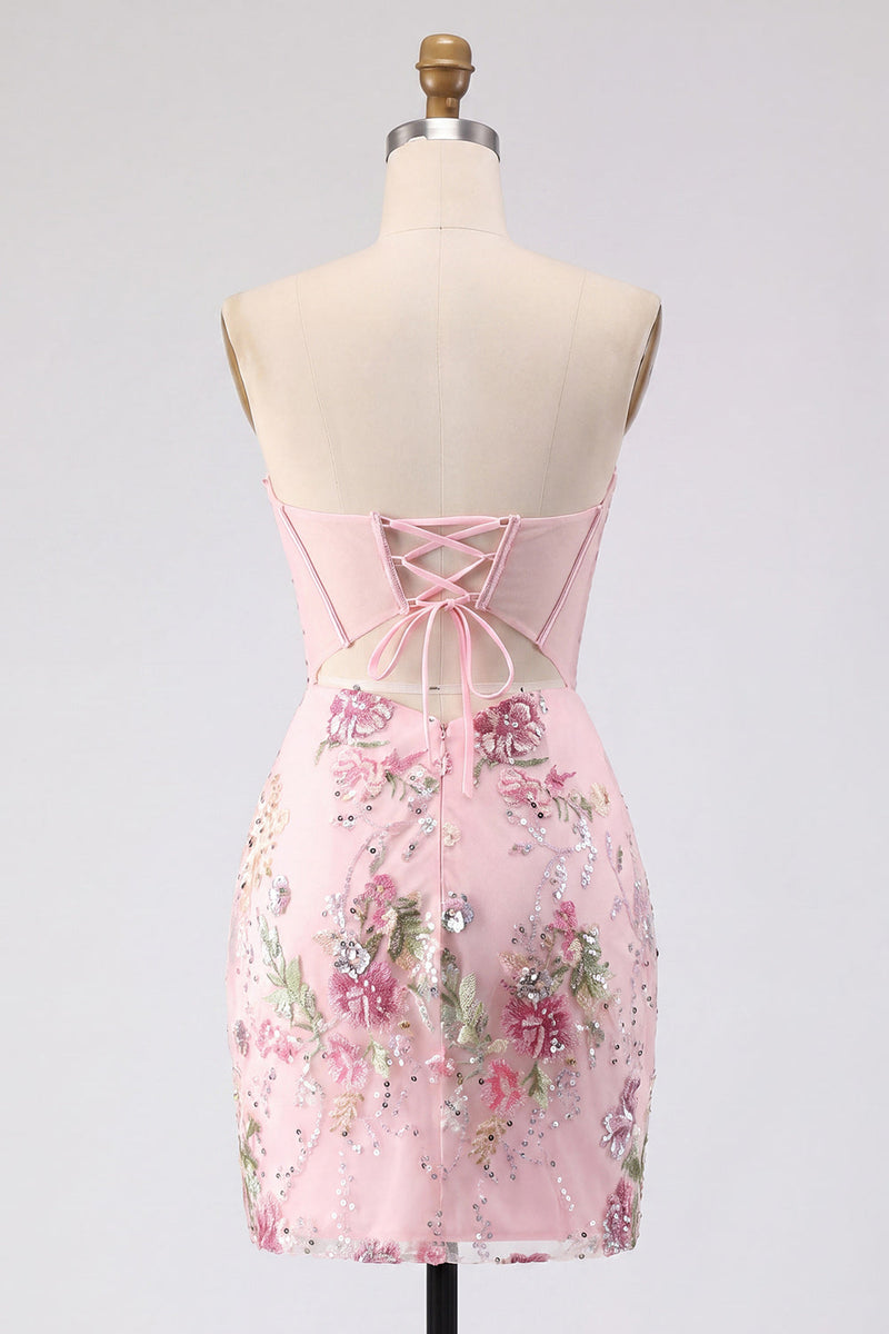 Load image into Gallery viewer, Strapless Sparkly Beaded Floral Corset Tight Short Pink Prom Dress