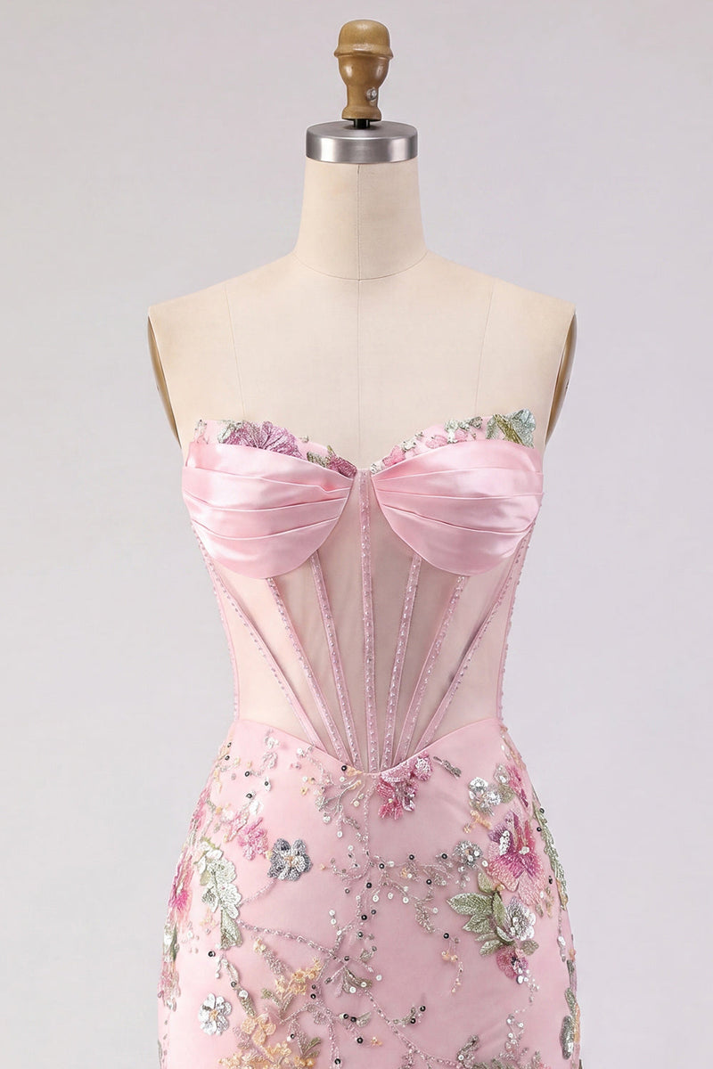 Load image into Gallery viewer, Strapless Sparkly Beaded Floral Corset Tight Short Pink Prom Dress