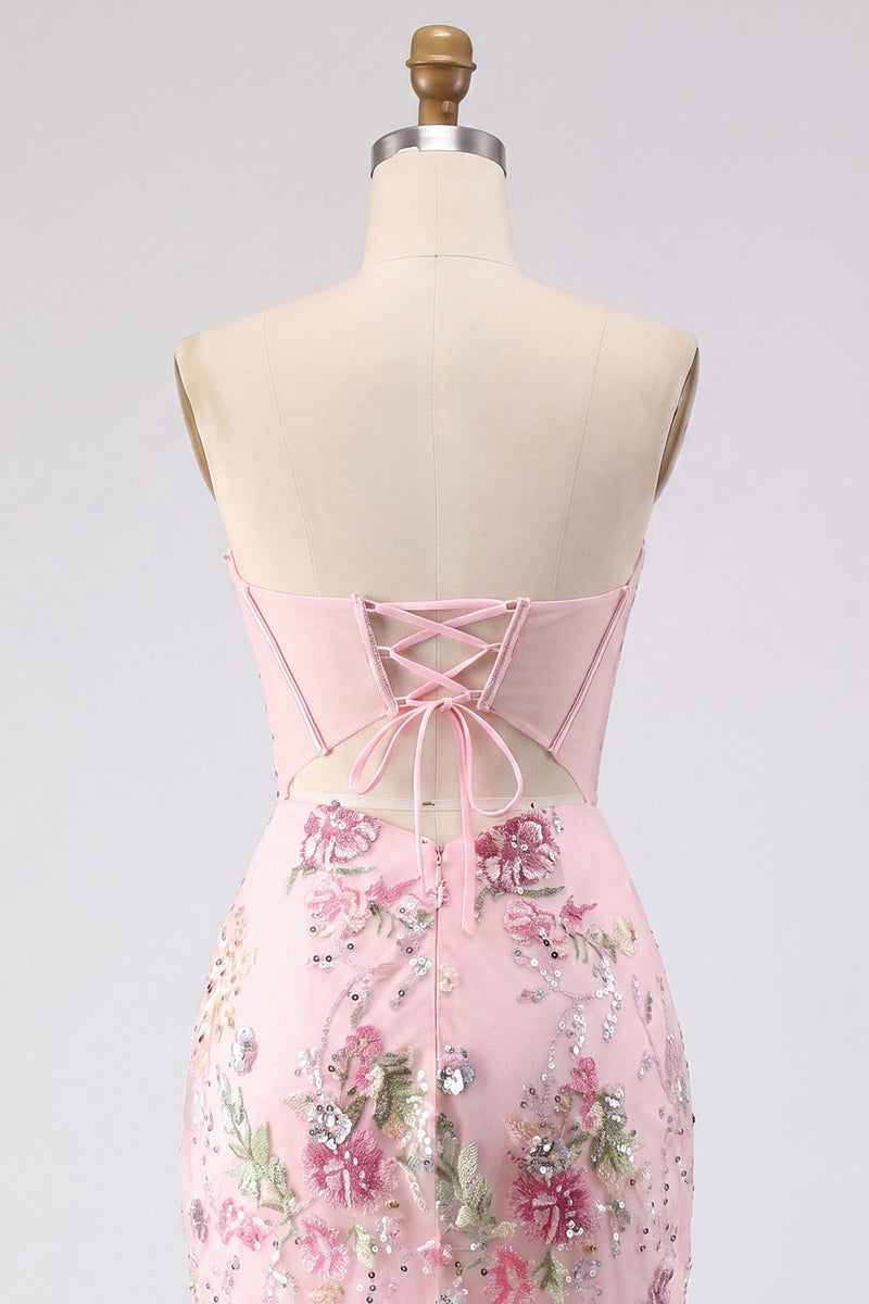Load image into Gallery viewer, Strapless Sparkly Beaded Floral Corset Tight Short Pink Prom Dress