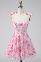 Load image into Gallery viewer, A Line Sparkly Pink Floral Beaded Short Prom Dress with Bows
