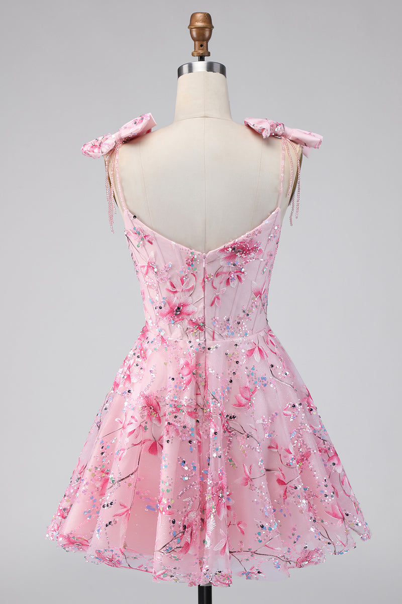 Load image into Gallery viewer, A Line Sparkly Pink Floral Beaded Short Prom Dress with Bows