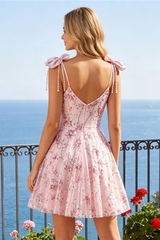 A Line Sparkly Pink Floral Beaded Short Prom Dress with Bows