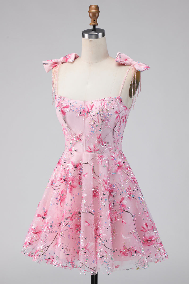 Load image into Gallery viewer, A Line Sparkly Pink Floral Beaded Short Prom Dress with Bows