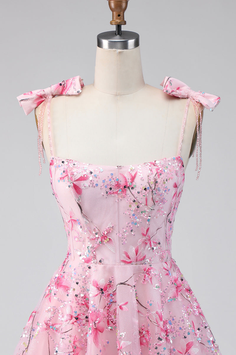 Load image into Gallery viewer, A Line Sparkly Pink Floral Beaded Short Prom Dress with Bows