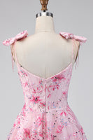 Load image into Gallery viewer, A Line Sparkly Pink Floral Beaded Short Prom Dress with Bows