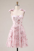 Load image into Gallery viewer, A Line Sparkly Pink Floral Beaded Short Prom Dress with Bows