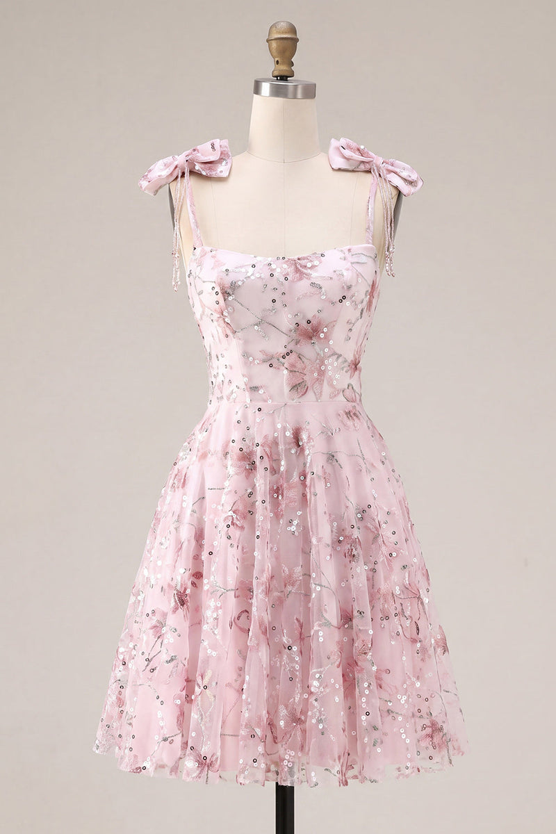 Load image into Gallery viewer, A Line Sparkly Pink Floral Beaded Short Prom Dress with Bows