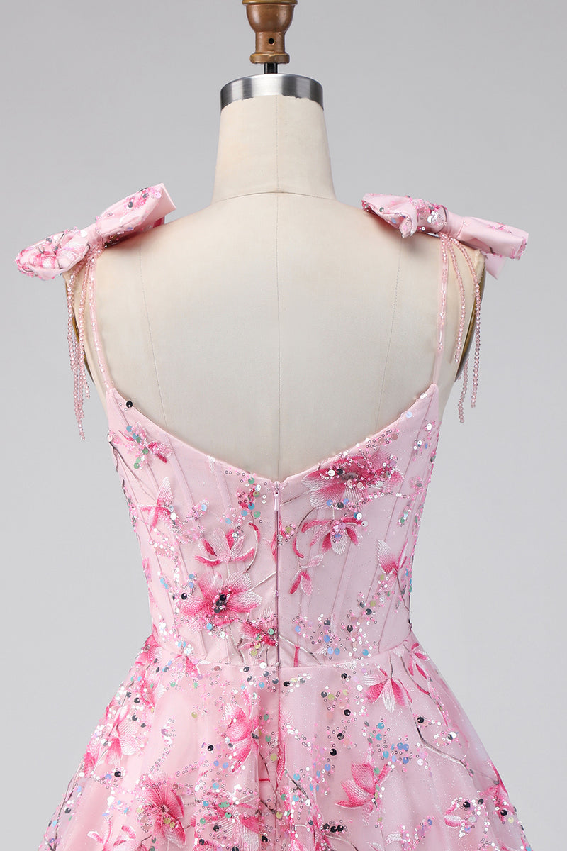 Load image into Gallery viewer, A Line Sparkly Pink Floral Beaded Short Prom Dress with Bows