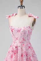 Load image into Gallery viewer, A Line Sparkly Pink Floral Beaded Short Prom Dress with Bows