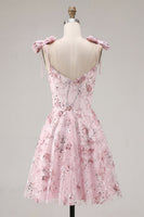 Load image into Gallery viewer, A Line Sparkly Pink Floral Beaded Short Prom Dress with Bows