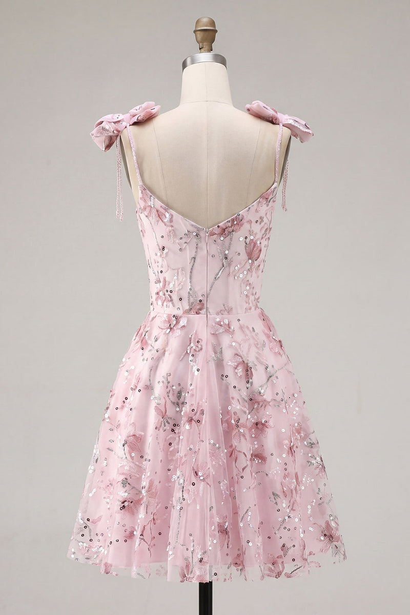 Load image into Gallery viewer, A Line Sparkly Pink Floral Beaded Short Prom Dress with Bows