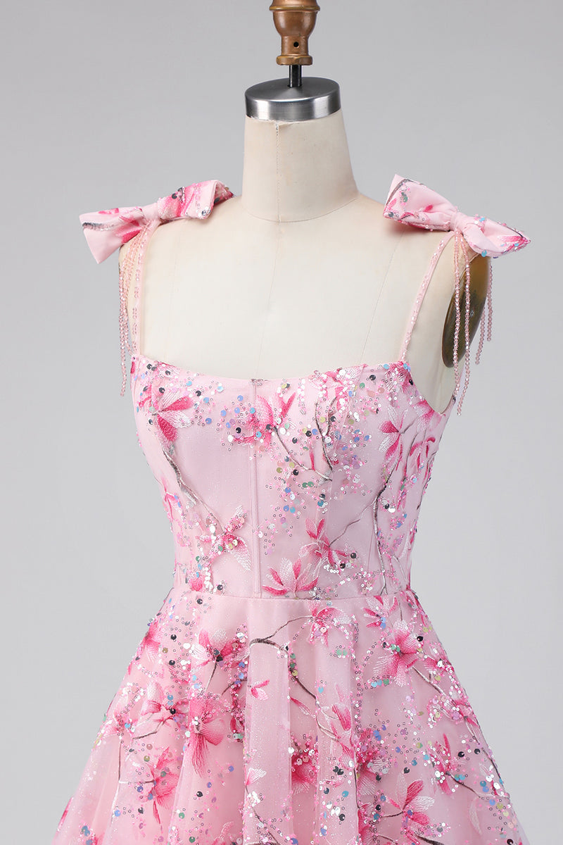 Load image into Gallery viewer, A Line Sparkly Pink Floral Beaded Short Prom Dress with Bows