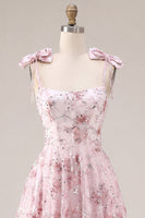 Load image into Gallery viewer, A Line Sparkly Pink Floral Beaded Short Prom Dress with Bows