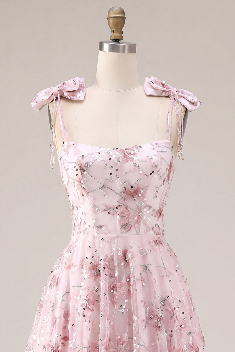 Load image into Gallery viewer, A Line Sparkly Pink Floral Beaded Short Prom Dress with Bows