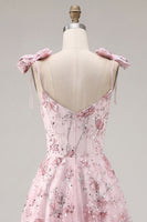 Load image into Gallery viewer, A Line Sparkly Pink Floral Beaded Short Prom Dress with Bows