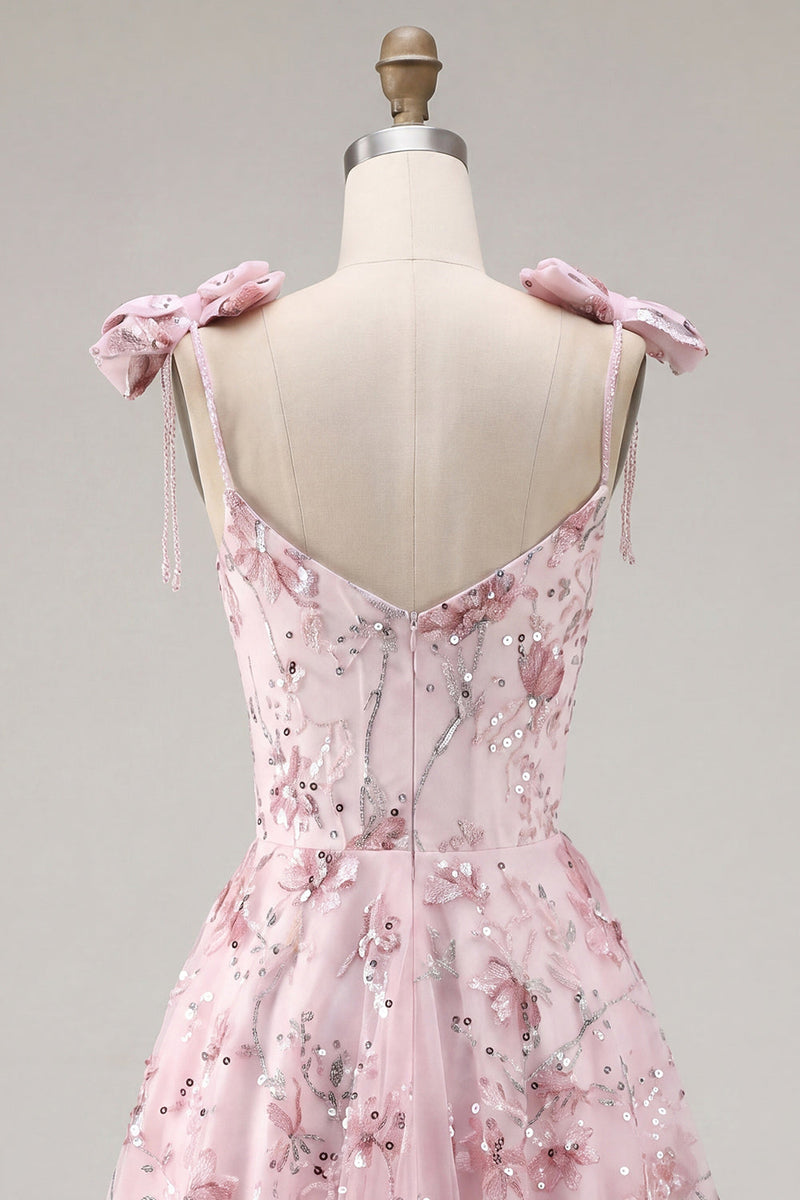 Load image into Gallery viewer, A Line Sparkly Pink Floral Beaded Short Prom Dress with Bows