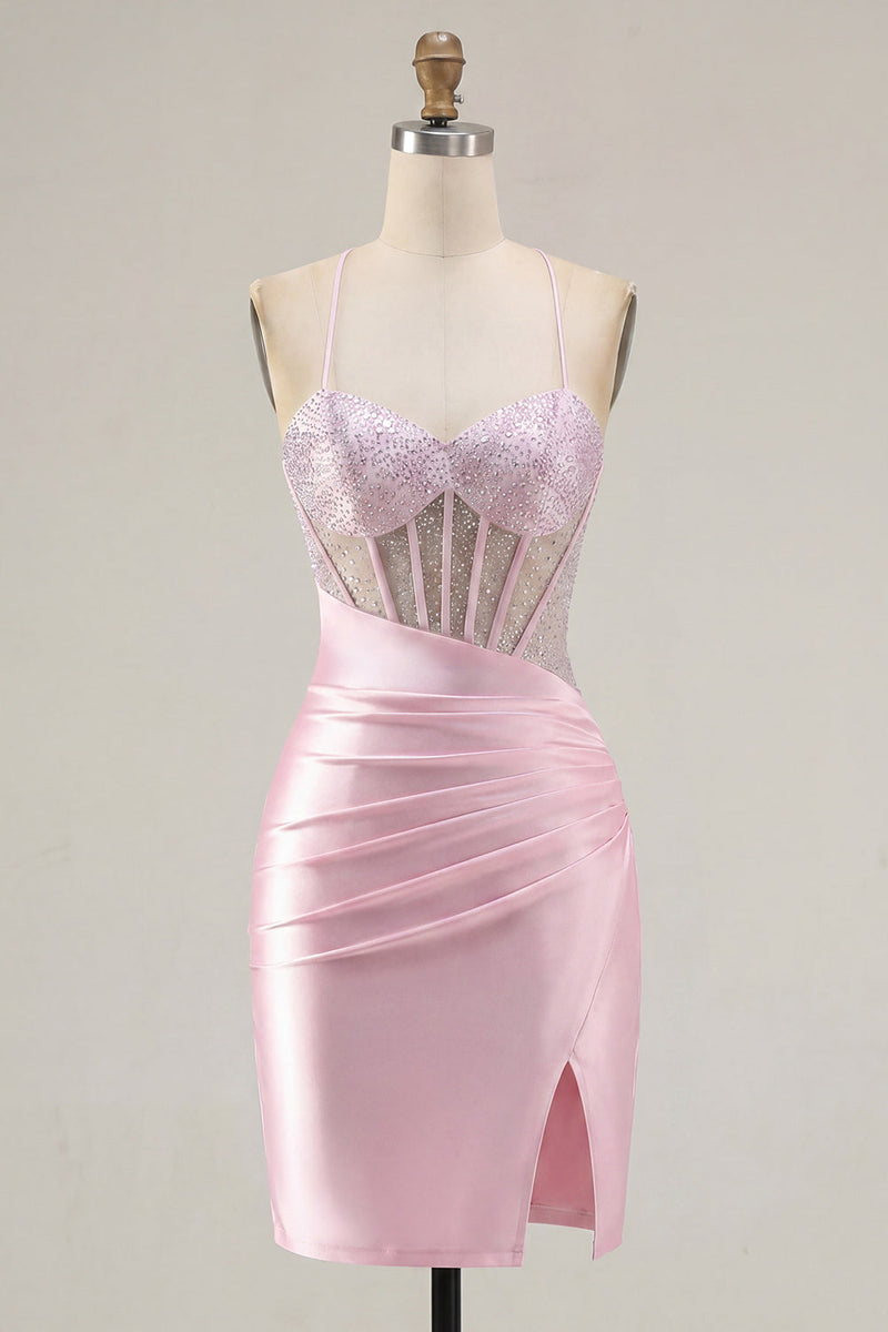Load image into Gallery viewer, Sparkly Pink Ruched Corset Tight Beaded Short Prom Dress with Slit