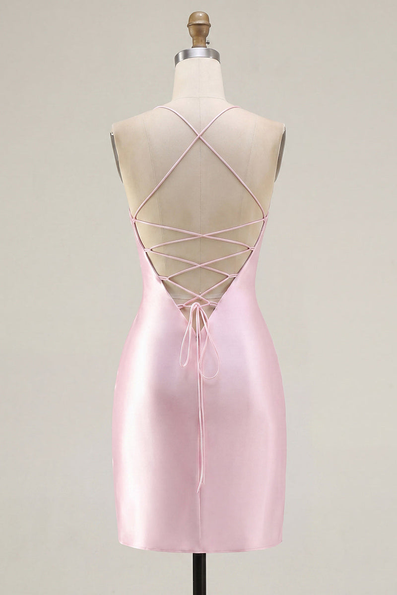 Load image into Gallery viewer, Sparkly Pink Ruched Corset Tight Beaded Short Prom Dress with Slit