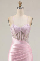 Load image into Gallery viewer, Sparkly Pink Ruched Corset Tight Beaded Short Prom Dress with Slit