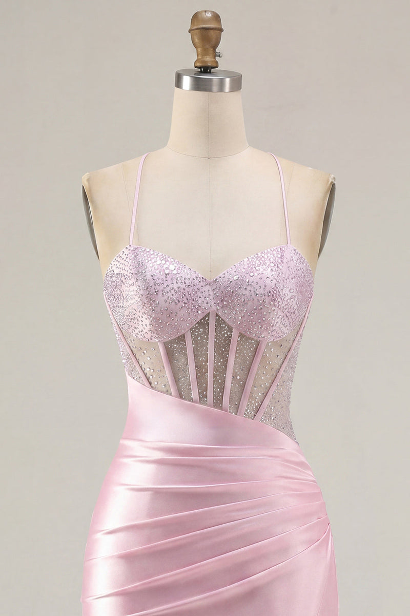 Load image into Gallery viewer, Sparkly Pink Ruched Corset Tight Beaded Short Prom Dress with Slit