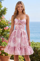 Load image into Gallery viewer, Keyhole Corset Sparkly Floral Pink Short Prom Dress with 3D Flower