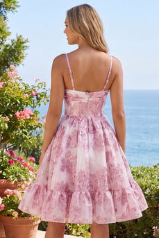 Keyhole Corset Sparkly Floral Pink Short Prom Dress with 3D Flower