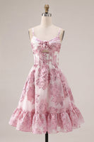 Load image into Gallery viewer, Keyhole Corset Sparkly Floral Pink Short Prom Dress with 3D Flower