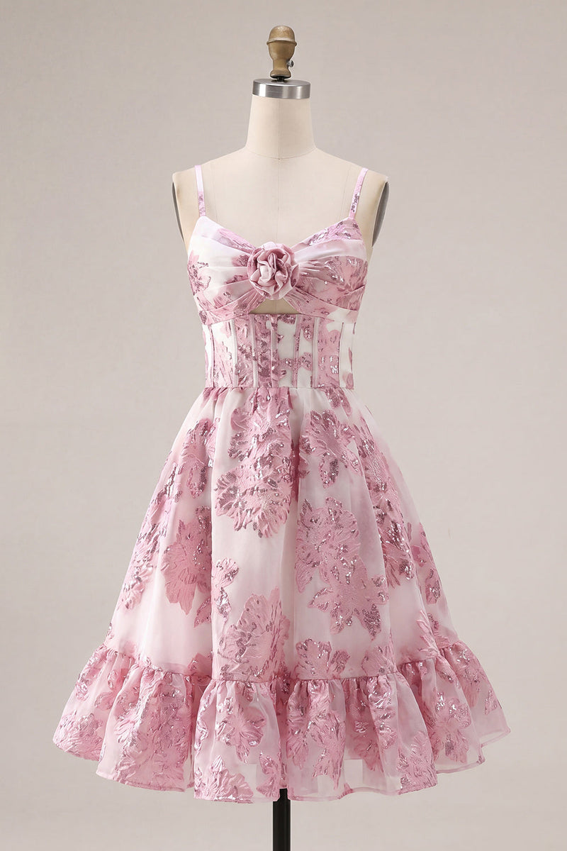 Load image into Gallery viewer, Keyhole Corset Sparkly Floral Pink Short Prom Dress with 3D Flower