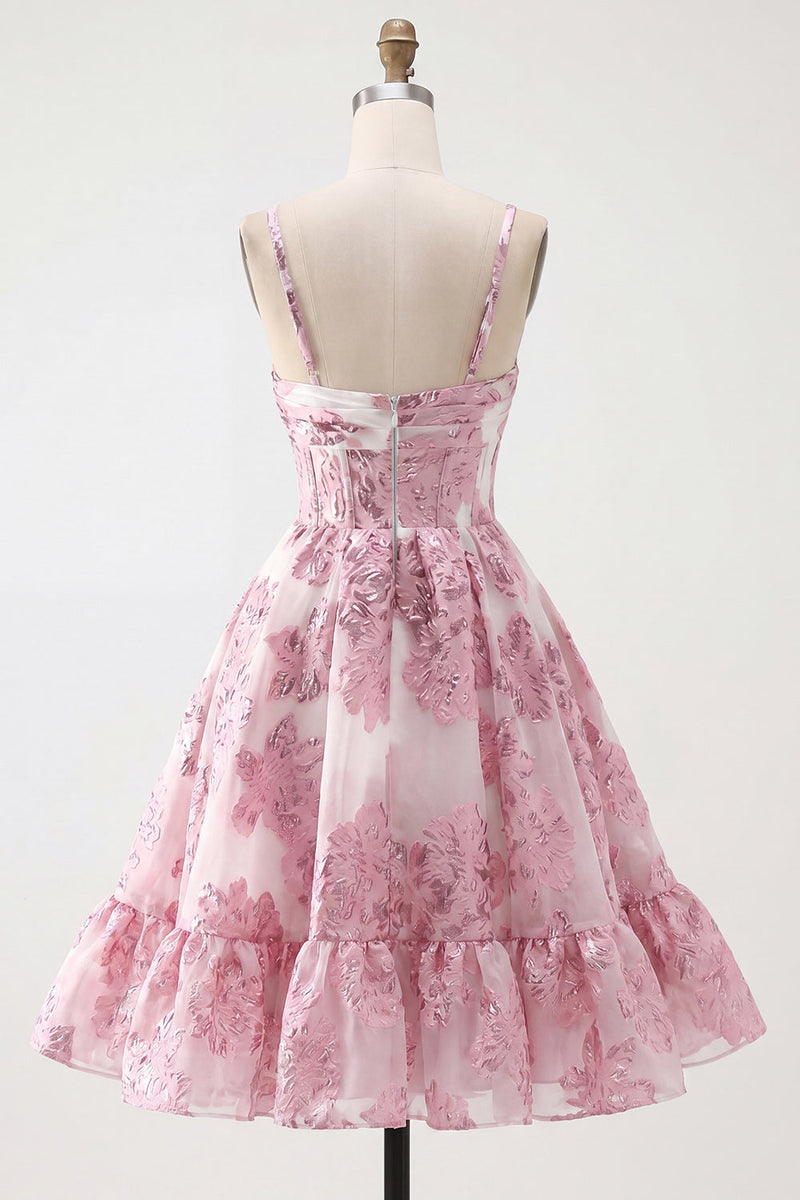 Load image into Gallery viewer, Keyhole Corset Sparkly Floral Pink Short Prom Dress with 3D Flower