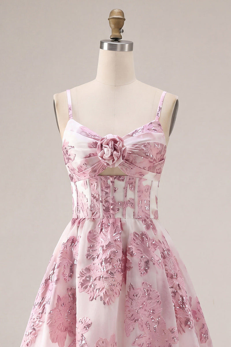 Load image into Gallery viewer, Keyhole Corset Sparkly Floral Pink Short Prom Dress with 3D Flower