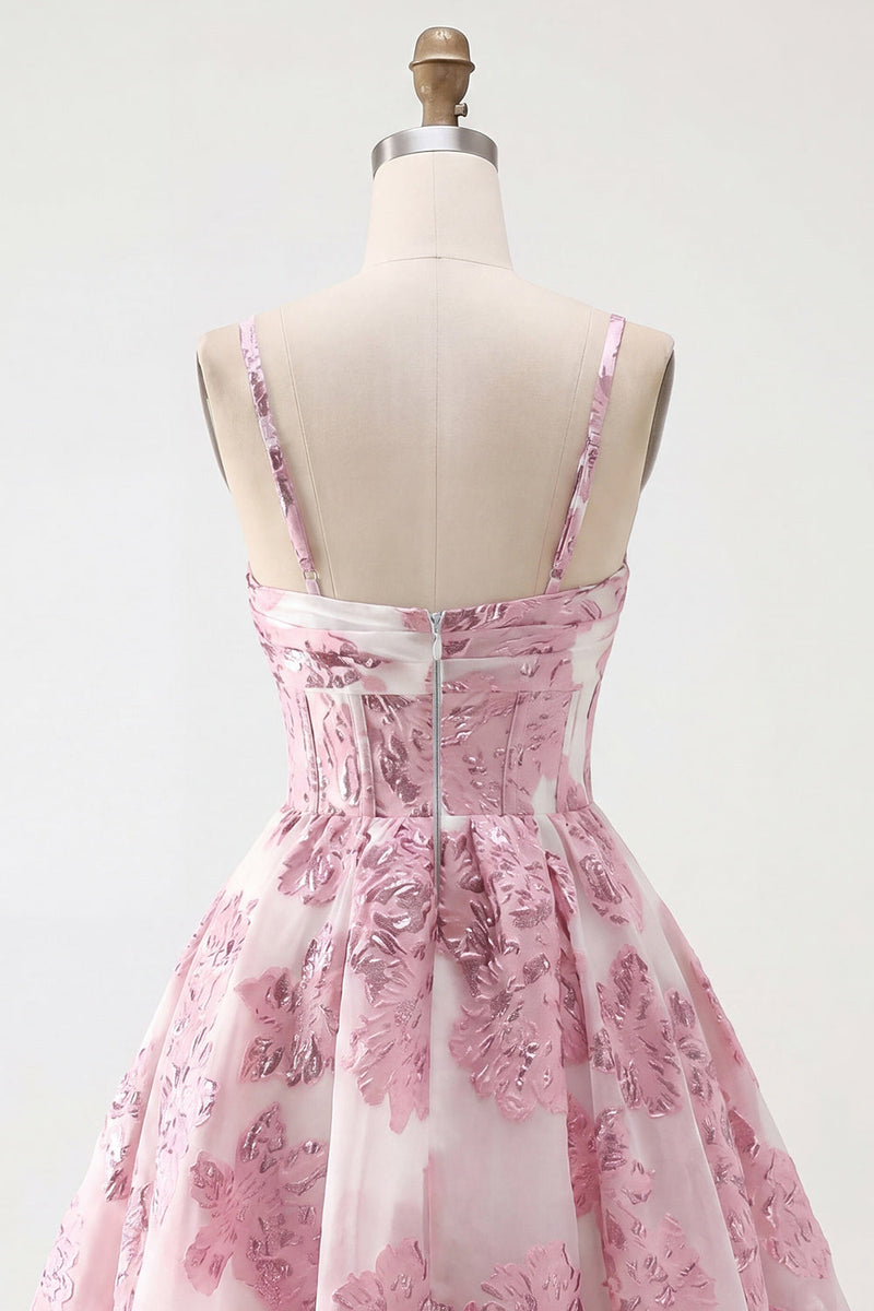 Load image into Gallery viewer, Keyhole Corset Sparkly Floral Pink Short Prom Dress with 3D Flower