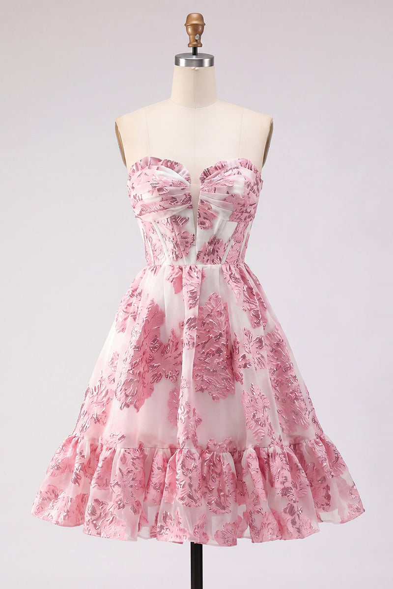 Load image into Gallery viewer, Strapless Floral Corset Pink Jacquard Short Prom Dress with Ruffles