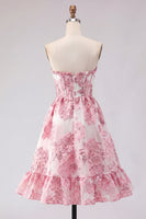 Load image into Gallery viewer, Strapless Floral Corset Pink Jacquard Short Prom Dress with Ruffles