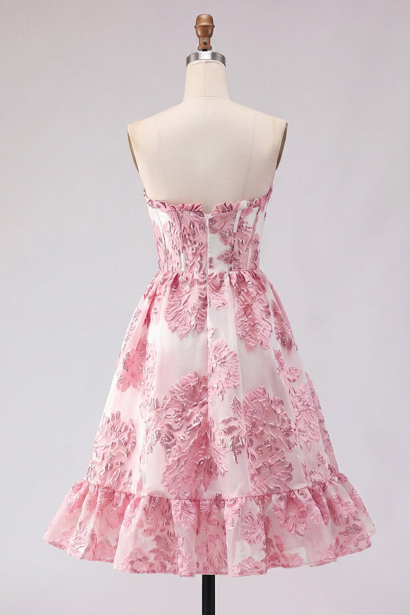 Load image into Gallery viewer, Strapless Floral Corset Pink Jacquard Short Prom Dress with Ruffles