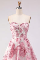 Load image into Gallery viewer, Strapless Floral Corset Pink Jacquard Short Prom Dress with Ruffles