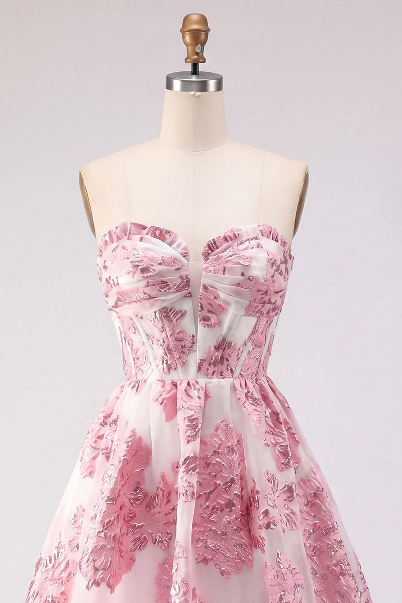 Load image into Gallery viewer, Strapless Floral Corset Pink Jacquard Short Prom Dress with Ruffles