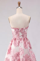 Load image into Gallery viewer, Strapless Floral Corset Pink Jacquard Short Prom Dress with Ruffles