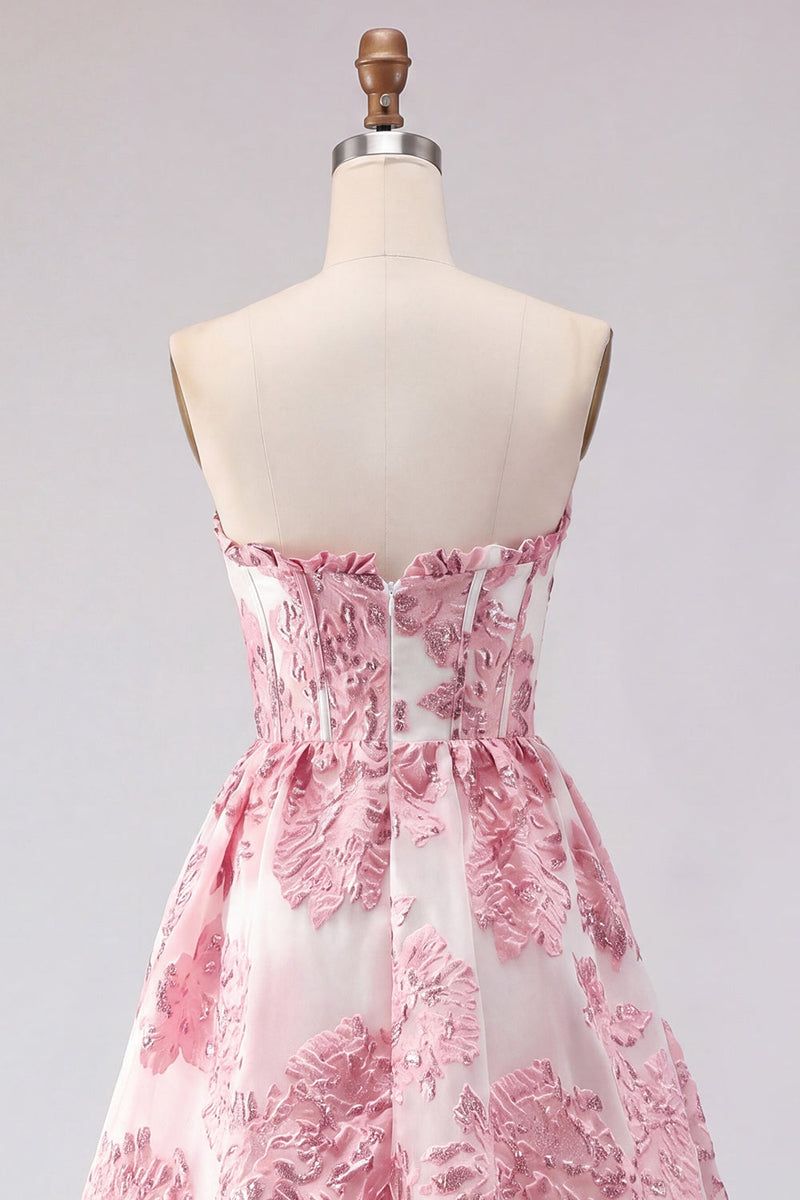 Load image into Gallery viewer, Strapless Floral Corset Pink Jacquard Short Prom Dress with Ruffles