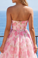 Load image into Gallery viewer, Pink Floral Corset Strapless Short A Line Prom Dress