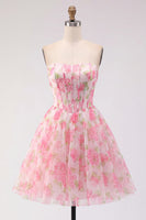 Load image into Gallery viewer, Pink Floral Corset Strapless Short A Line Prom Dress