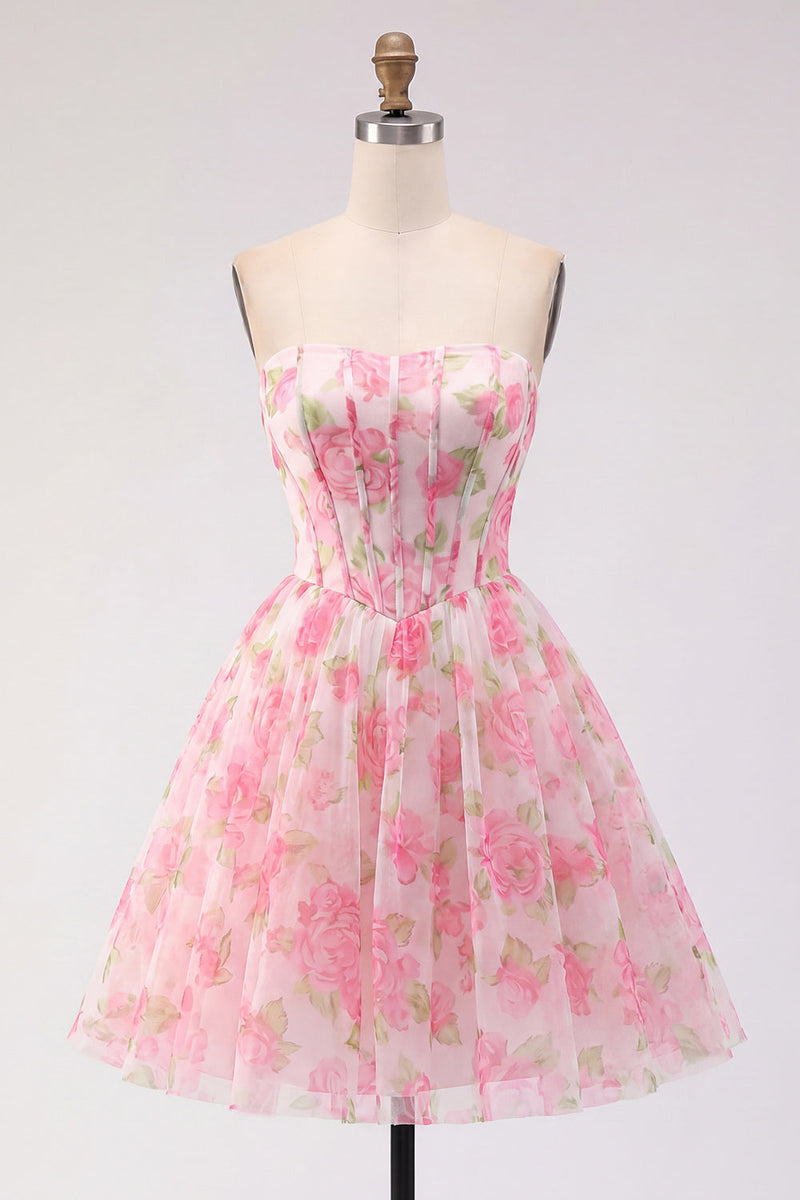 Load image into Gallery viewer, Pink Floral Corset Strapless Short A Line Prom Dress