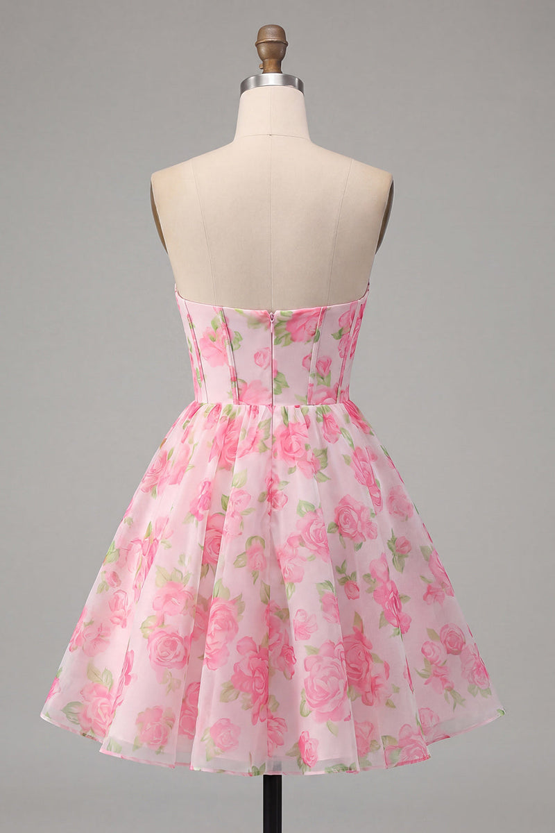 Load image into Gallery viewer, Pink Floral Corset Strapless Short A Line Prom Dress