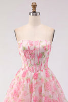 Load image into Gallery viewer, Pink Floral Corset Strapless Short A Line Prom Dress